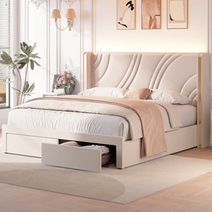 Full/Queen/King Size Modern Upholstered Bed Frame with Storage Drawers, Wingback Velvet Platform Bed with RGB Lights,No Box Spring Needed - ModernLuxe - 1 of 4