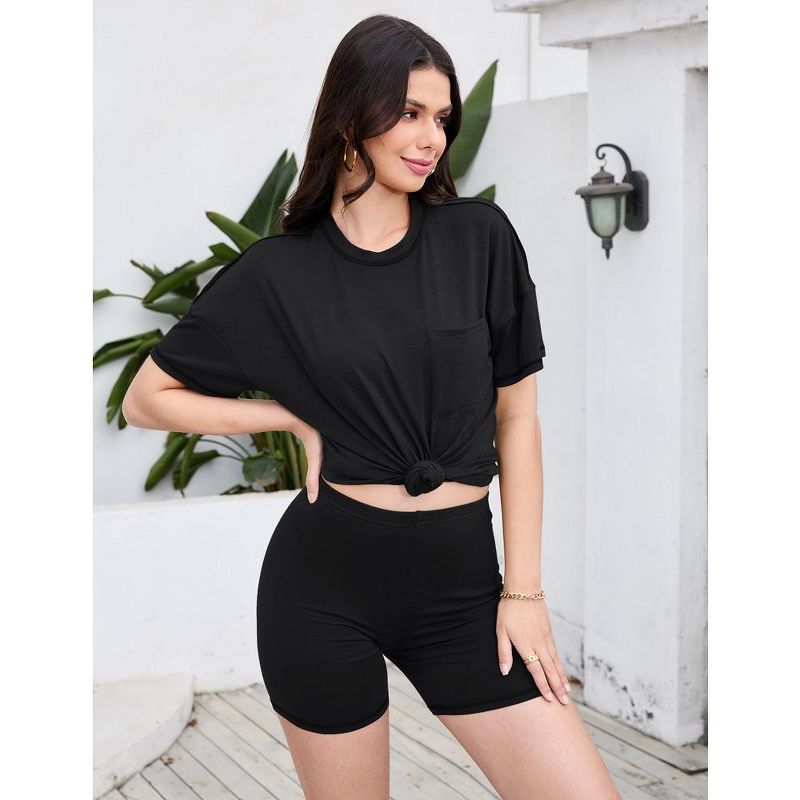Women Casual Loose Two Piece Loungewear Set with Pockets T-shirt and Shorts Pajamas Set, 2 of 9