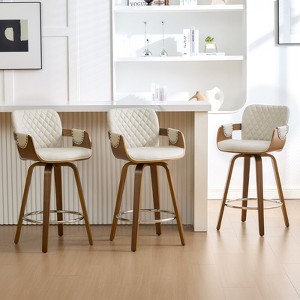 Bekrvio 26" Swivel Counter Stools with Back & Arms, Faux Leather Mid-Century Bar Stools for Kitchen Island, Walnut Frame, Set of 1/2/3/4 - 1 of 4
