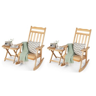 Tangkula 4PCS Patio Rocking Chair & Folding Table Set Wooden Rocker Bistro Set