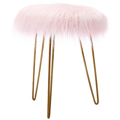 BirdRock Home Faux Fur Foot Stool Ottoman with Wood Legs - Pink