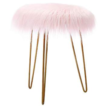 BirdRock Home Round Faux Fur Foot Stool Ottoman - Pink with Pale Gold Legs