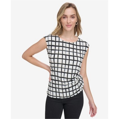 Calvin Klein Womens Plaid Sleeveless Shell Top Pullover Blouse, Black, X-Large