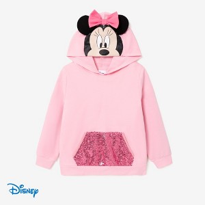 Disney Mickey and Friends Kid Girl Character Print Pop-up Ears Hat with Sequin-covered Pocket Hoodie Sweatshirt - 1 of 4