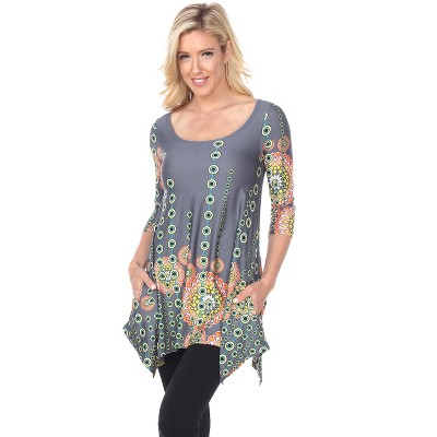 Women's 3/4 Sleeve Printed Rella Tunic Top with Pockets - White Mark