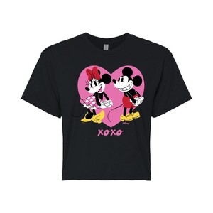 Women's - Disney - Mickey And Minnie Heart Cropped Graphic T-Shirt - 1 of 4