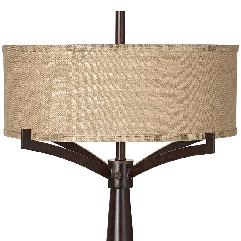 Franklin Iron Works Rustic Farmhouse Table Lamp with USB Charging Port 31.5" Tall Bronze Metal Burlap Fabric Drum Shade Living Room Bedroom, 4 of 10