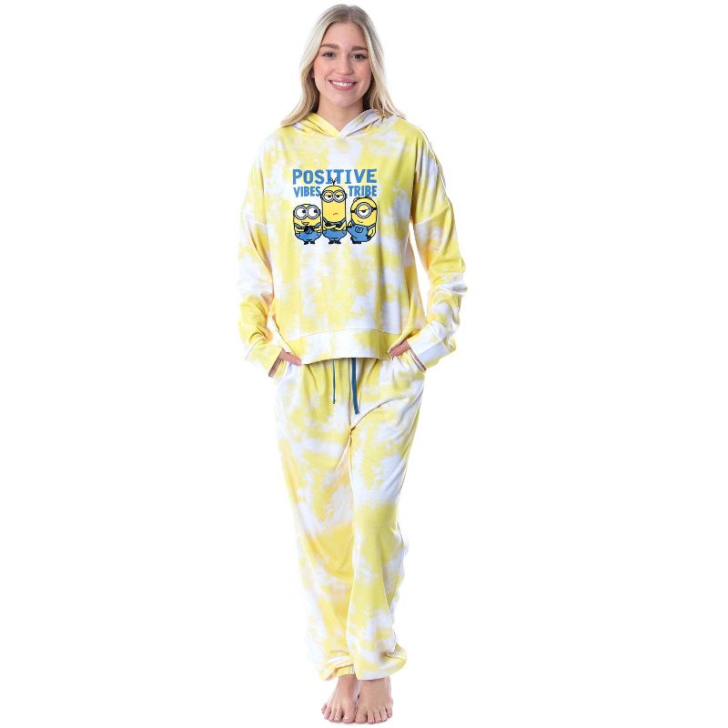 Minions Positive Vibes Tie Dye Womens' Pajama Cropped Hooded Jogger Set Yellow, 1 of 8