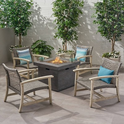 Breakwater 5pc Wood & Wicker Club Chairs & Fire Pit Set - Light Gray/Black/Gray -Christopher Knight Home