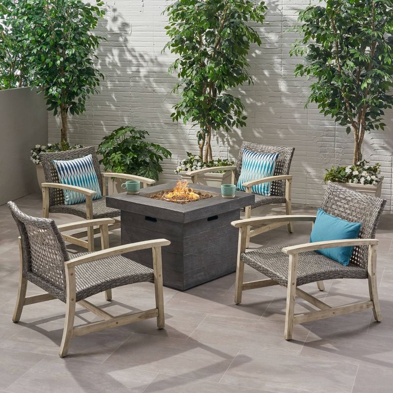 Breakwater 5pc Wood &#38; Wicker Club Chairs &#38; Fire Pit Set - Light Gray/Black/Gray -Christopher Knight Home, 3 of 17
