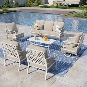 Captiva Designs 6pc Extra Large Metal and Rattan Outdoor Patio Conversation Set with Swivel Grid-back Chairs and Table - 1 of 4