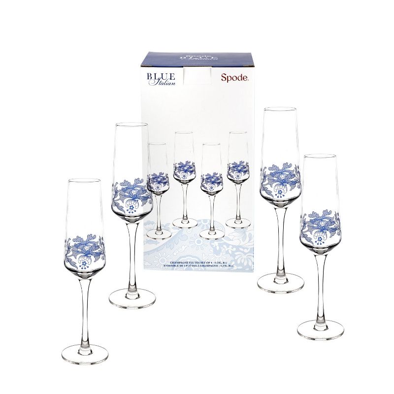 Spode Blue Italian Glassware 8 oz Champagne Flutes, Set of 4 - Blue/White, 3 of 6