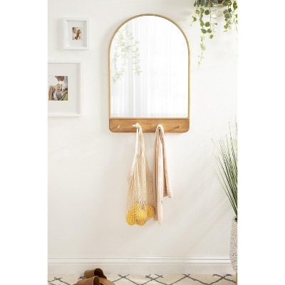 Schuyler Arched 20x31 Natural Wood & Gold Wall Mirror with Hooks