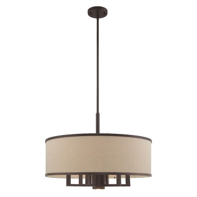 Bronze Drum Pendant with Handcrafted Linen Shade - 7 Light
