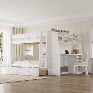 Full Size Multifunctional Bunk Bed with Desk, Bookshelves & Trundle/Drawers - ModernLuxe - 1 of 4