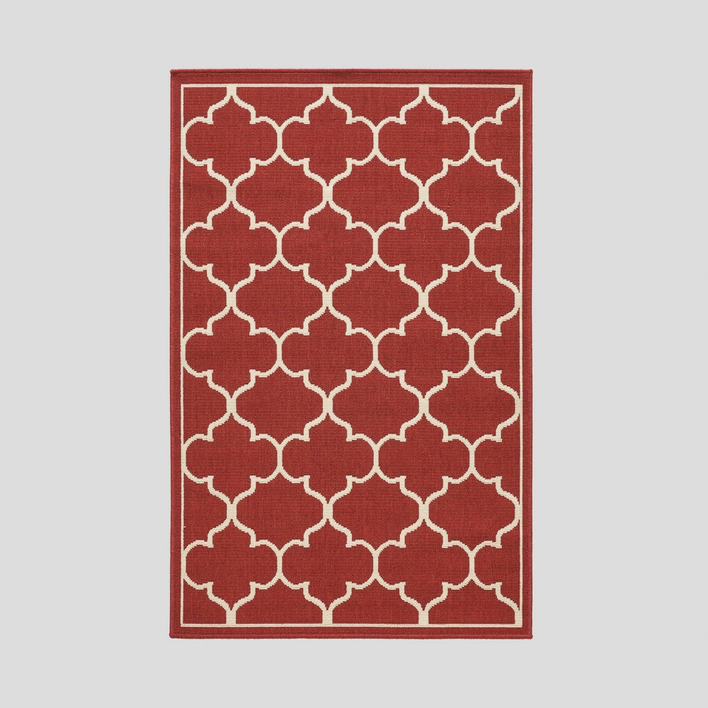 Photos - Area Rug 3'3" x 5' Thornhill Geometric Outdoor Rug Red/Ivory - Christopher Knight Home: Mid-Century Modern, Stain & Water-Resistant