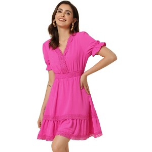 INSPIRE CHIC Women's V Neck Smocked Elastic Waist Short Sleeve Boho Crochet Trim Mini Dress - 1 of 4