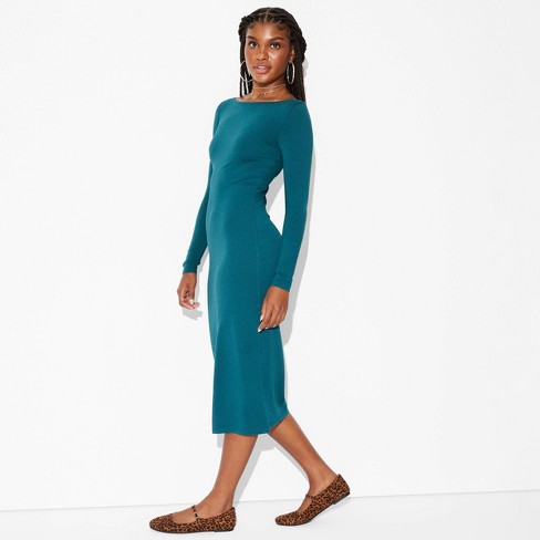 Women s Long Sleeve Knit Midi Dress Wild Fable Dark Teal Green L Target