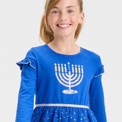 navy blue dress for baby girl Girls' Happy Hanukkah 3/4 Sleeve Pocket Twirl Dress Size: 2T Toddler by Mila & Rose main image 1