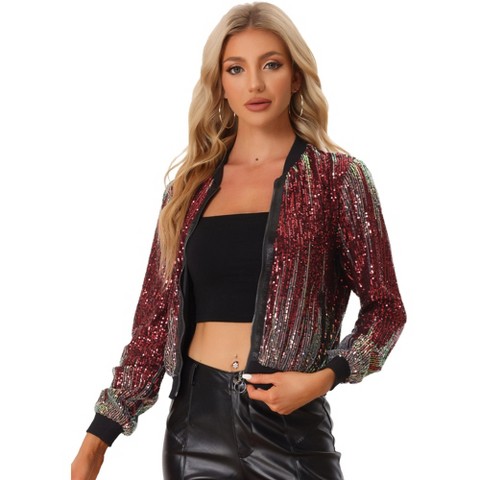INSPIRE CHIC Women's Sequin Long Sleeve Zipper Front Sparkle Bomber Jackets Red Large