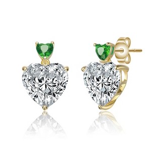 Guili Sterling Silver 14k Gold Plated Two-Stone Heart Dangle Earrings with Colored Cubic Zirconia, Elegant & Versatile for Any Occasion - 1 of 2