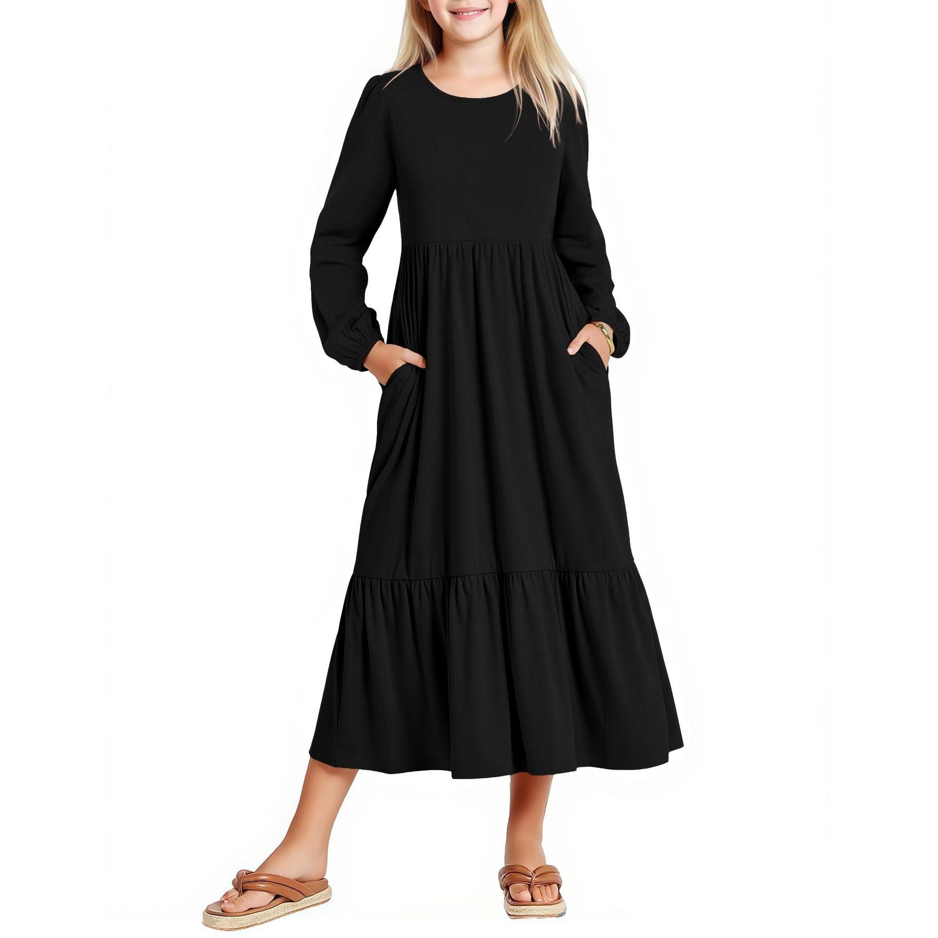 Arshiner Girls Maxi Dresses Lantern Long Sleeve Casual Holiday Dress with Pockets for 13-14 Y White