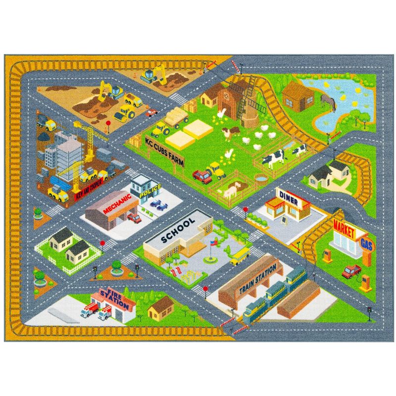 KC CUBS Boy & Girl Kids Country Farm Road W/ Construction Vehicle Car Traffic Educational Learning & Game Nursery Classroom Rug Carpet, 1 of 11