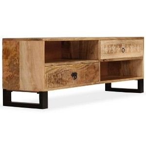 vidaXL Solid Mango Wood TV Stand - Handmade with Steel Legs and Hand-Painted Retro Style - Includes 2 Shelves and 2 Drawers - Brown - 1 of 4