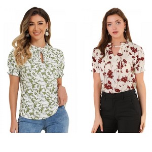 INSPIRE CHIC Women's Ruffle Tie V-Neck Casual Smocked Short Sleeve Floral Top 2 Packs - 1 of 4