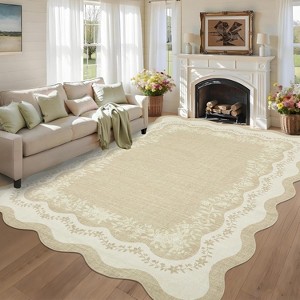 Washable Scalloped Area Rug, Non Slip Low Pile Floor Carpet, Indoor Foldable Bath Mat for Bedroom Hallway Kitchen Entryway Living Room - 1 of 4