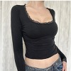 Women's Lace Trim Square Neck Long Sleeve T-Shirt Slim Fit Crop Tops - 2 of 3