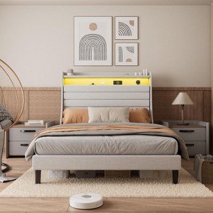 Upholstered Platform Bed with Charging Station, LED Lights & Storage Headboard, No Box Spring Needed - 1 of 4