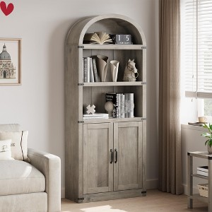 L-Shape Arched Bookcase w/ Doors Tall Bookshelf Farmhouse Bookcase Cabinet w/ Shelves Wooden - 1 of 4