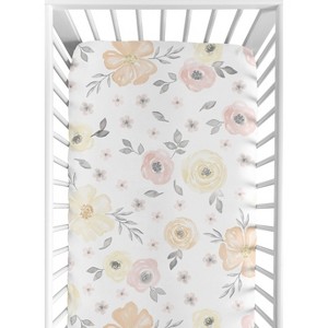 Sweet Jojo Designs Girl Baby Fitted Crib Sheet Watercolor Floral  Yellow Pink and Grey - 1 of 4