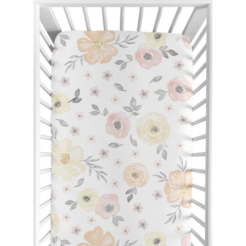 Sweet Jojo Designs Girl Baby Fitted Crib Sheet Watercolor Floral  Yellow Pink and Grey, 1 of 7
