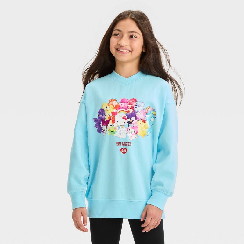 Girls&#39; Hello Kitty x Care Bears Fleece Pullover Sweatshirt - Light Blue, 1 of 4
