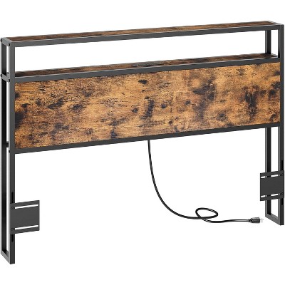 Industrial metal & wood headboard & charging station, adjustable height, storage rack, sturdy & stable, easy assembly, rustic brown
