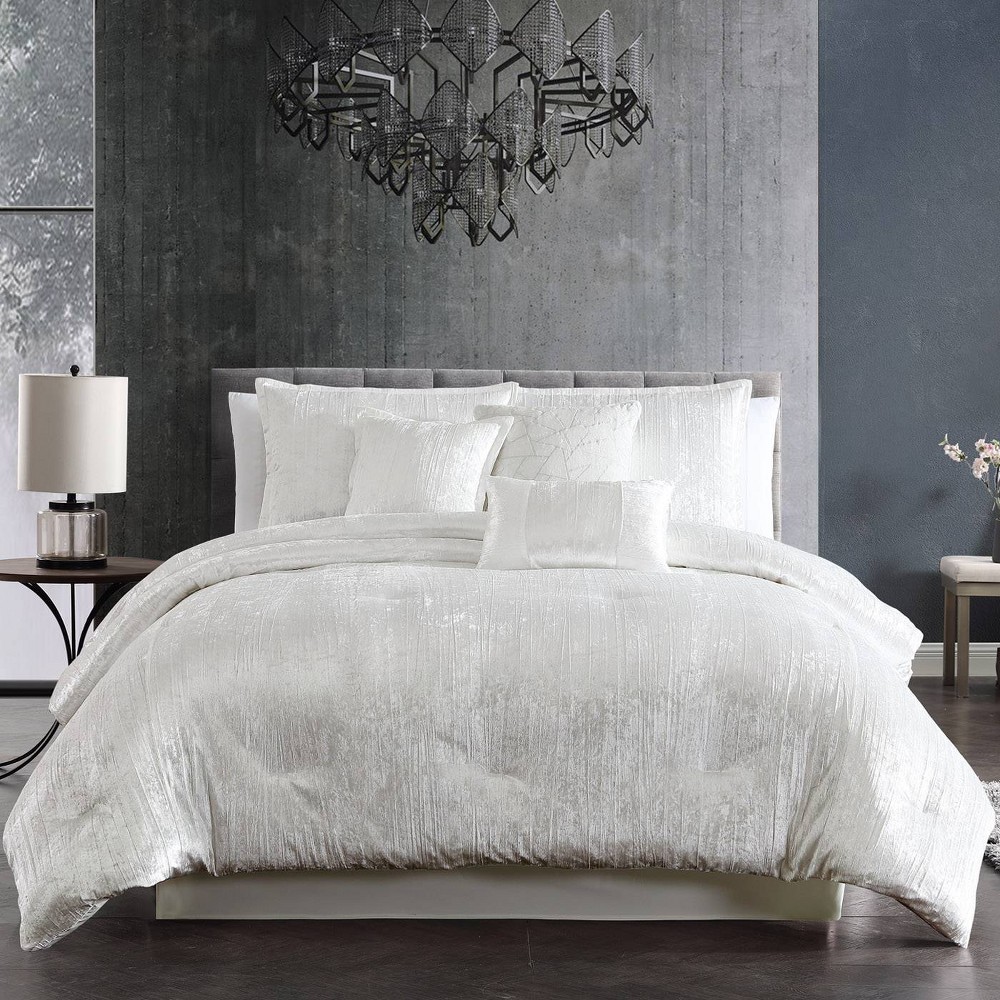 Photos - Bed Linen 7pc King Turin Crinkle Velvet Comforter Set White - Riverbrook Home: Luxur