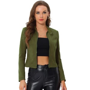 Allegra K Women's Faux Suede Stand Collar Zip Up Long Sleeve Moto Biker Jacket - 1 of 4