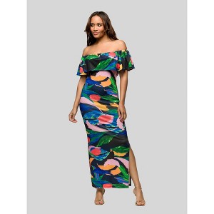 24seven Comfort Apparel Womens Off Shoulder Multicolor Print Side Slit Maxi Dress - 1 of 4