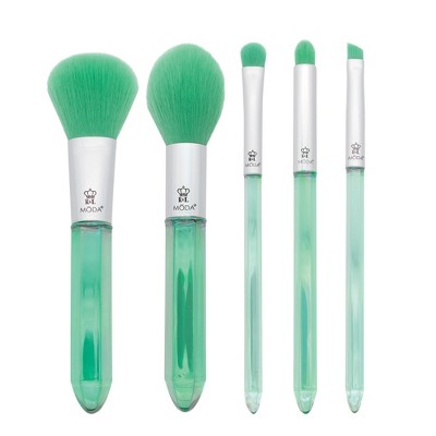 MODA Brush Mythical 5pc Energizing Emerald Crystal Makeup Brush Set, Includes - Powder, Radiance, Shadow, and Angle Eyeliner Brushes