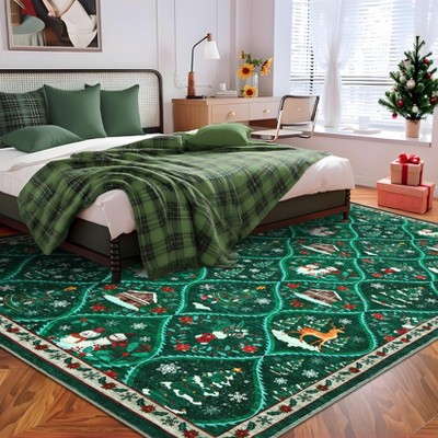 Christmas Large Living Room Area Rug Machine Washable Rugs Trellis Xmas Red Rug Non-Shedding Low Pile Farmhouse Carpet