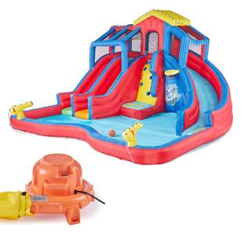 Banzai Inflatable Outdoor Backyard Water Pool Aqua Park with Slides, Water Cannons, Climbing Wall, and Blower Motor