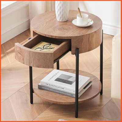 Homhougo Round End Table Nightstand Wood Side Table with Drawer Accent Bedside Farmhouse Tables Brown