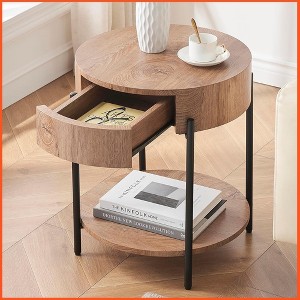 Homhougo Round End Table Nightstand Wood Side Table with Drawer Accent Bedside Farmhouse Tables Brown - 1 of 4