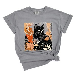 Simply Sage Market Black Cat Fall Leaves Distressed Garment Dyed Tee - 1 of 4