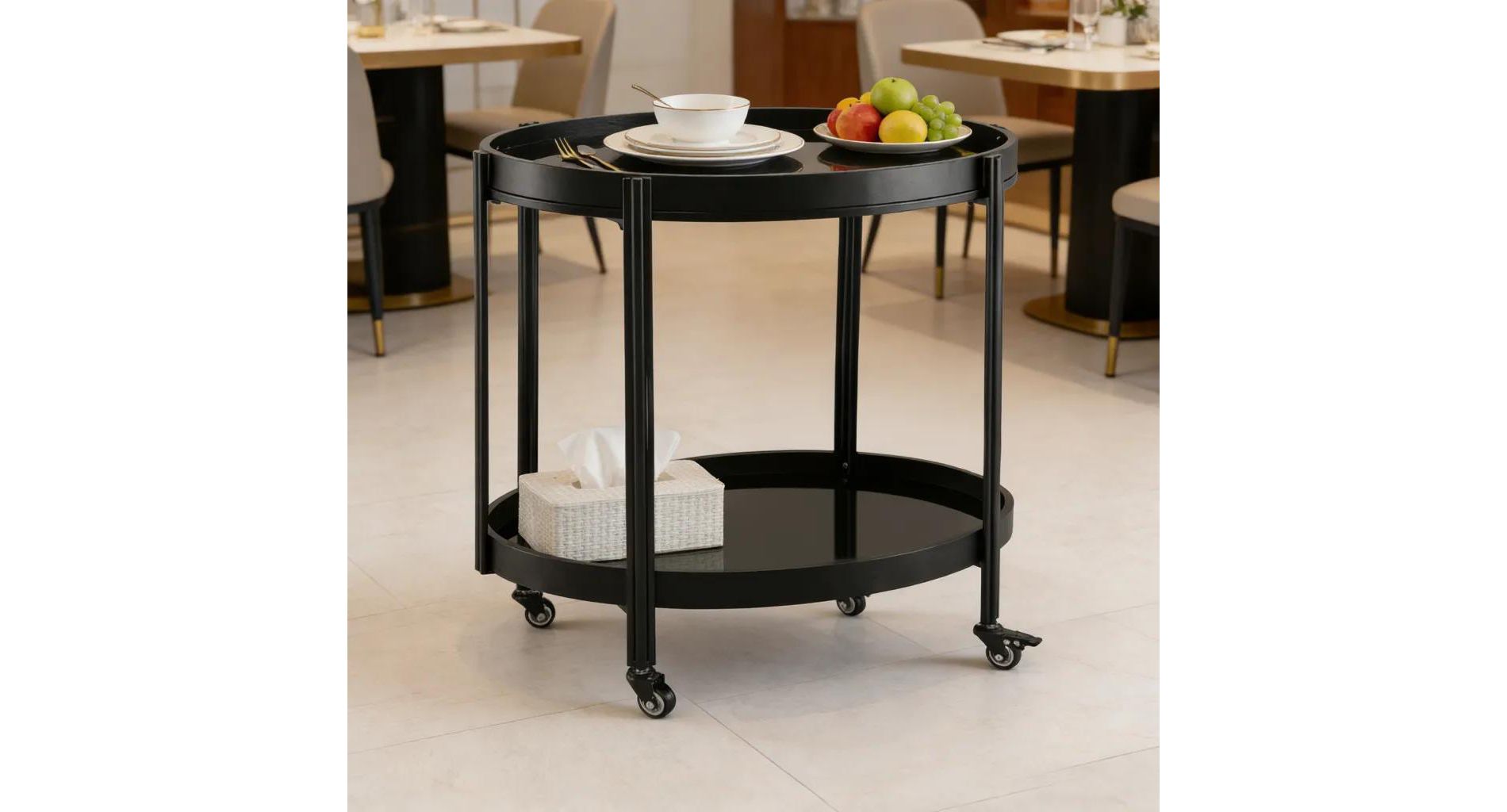 Oval Black Bar Cart with 2 Tempered Glass Shelves, Rolling Serving Cart with Metal Frame for Dining Room, Kitchen and Home Bar