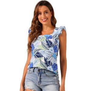 Allegra K Women's Tropical Floral Printed Square Neck Ruffle Sleeve Tank Top - 1 of 4