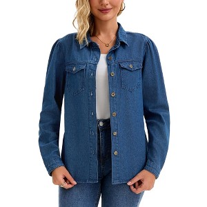 INSPIRE CHIC Women's Denim Puff Long Sleeve Button Down Jean Shirt Jacket - 1 of 4