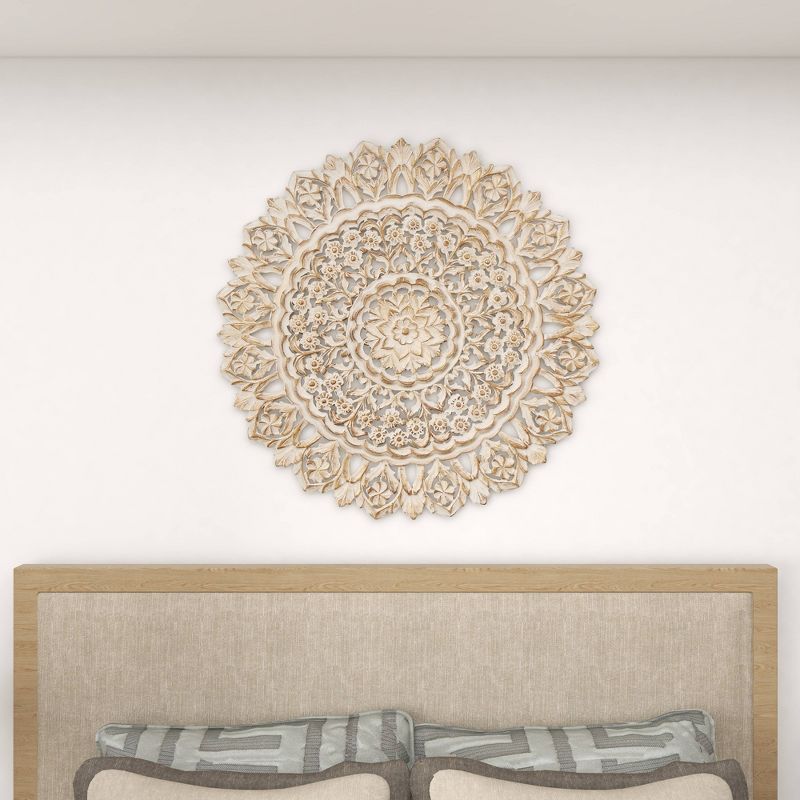 Wood Floral Handmade Intricately Carved Mandala Wall Decor White - Olivia &#38; May, 5 of 19